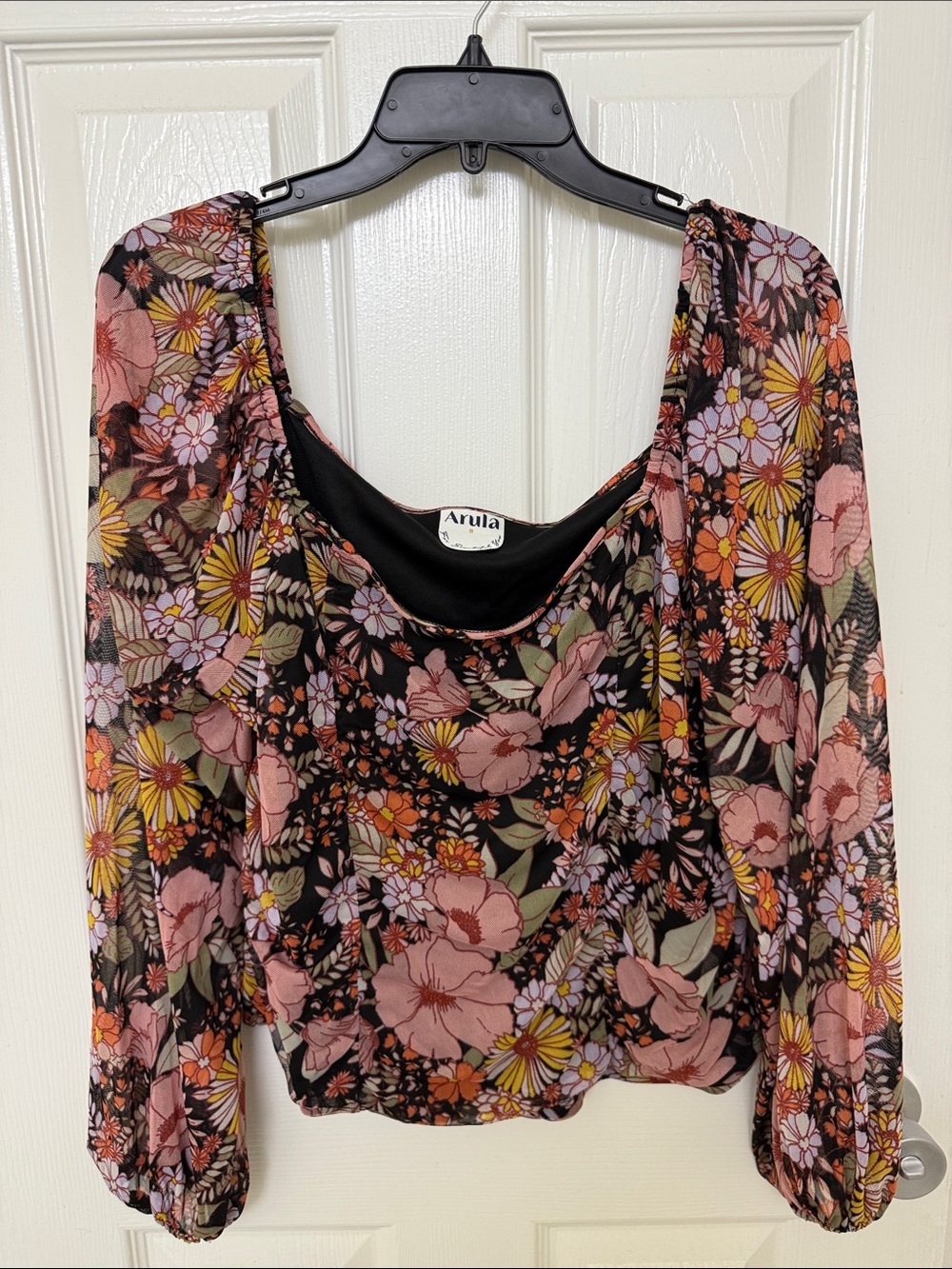 ARULA Black Floral Sheer Blouse with Pink & Yellow Blooms